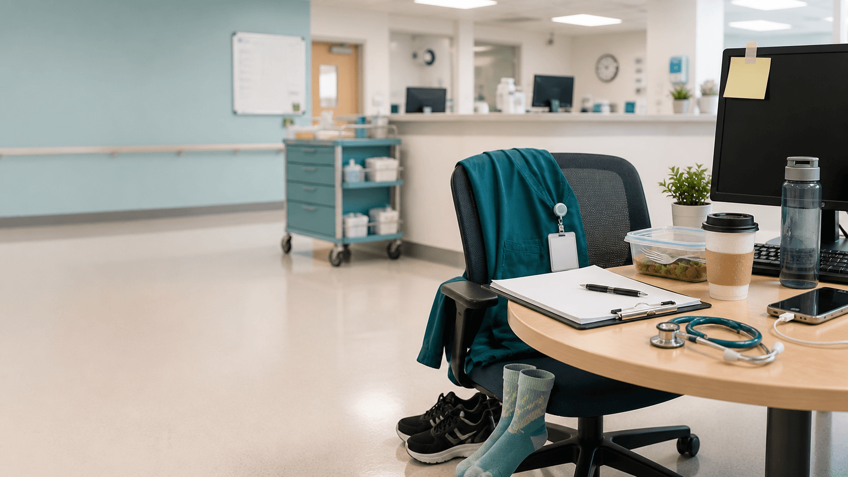 A quiet hospital break room with nurse shift-work details